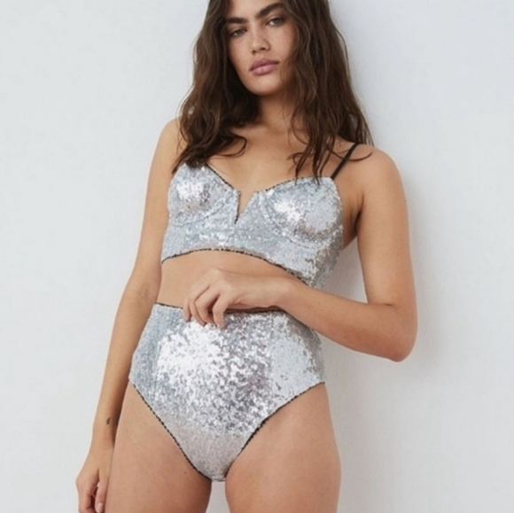 New!For Love And Lemon Sequin‎ Silver High Waisted Panty - Picture 3 of 11